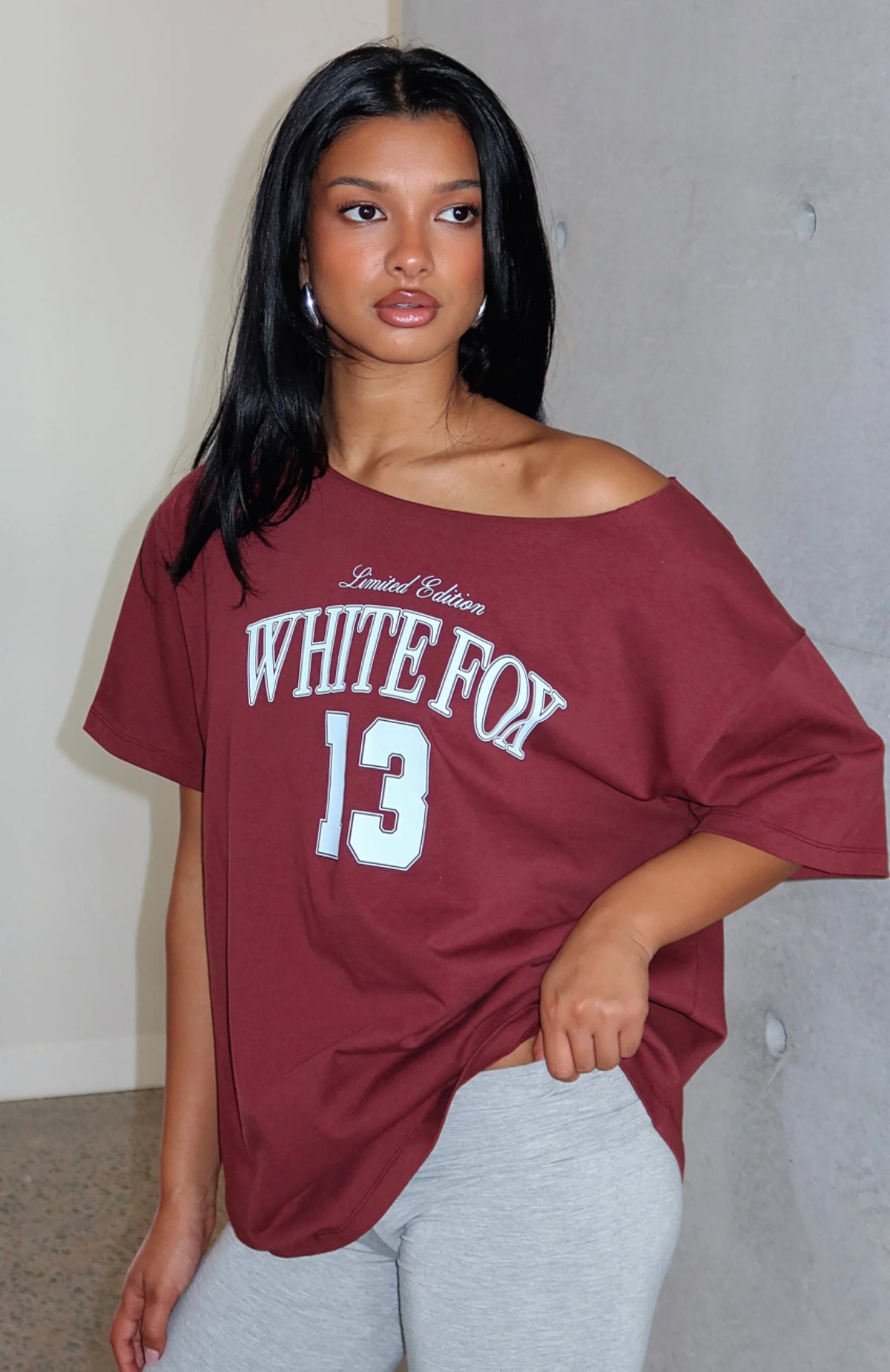 Everything In Time Off Shoulder Oversized Tee Burgundy
