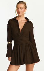 Valerie Mini Dress - Collared Long Sleeve Waist Shirt Dress in Chocolate