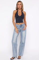 Have To Getaway Halter Top Navy Polka Dot
