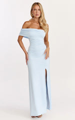 Opal Maxi Dress - Off Shoulder Gathered Bodice Fit And Flare Dress in Blue