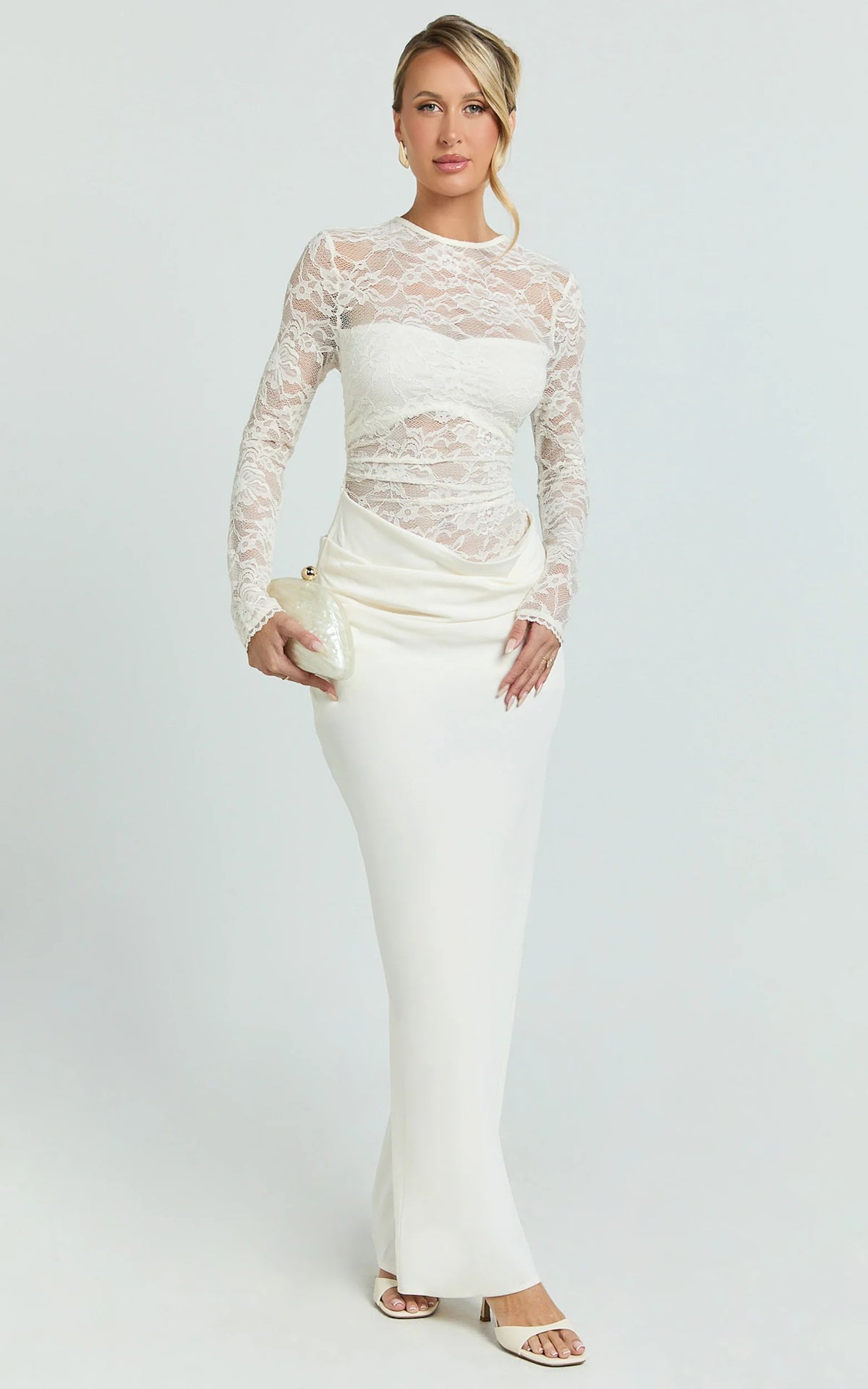 Crisanta Maxi Dress - Long Sleeve Contrast Lace Bodycon Dress in Ivory