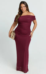 Caterina Maxi - Ruched Off Shoulder Mesh Dress in Wine