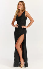 Rachel Maxi Dress - Cowl Neck Jacquard Front Split Dress in Black