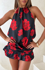 No Second Thoughts Halter Mini Dress Black Scarlet Bloom