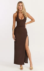 Ruby Maxi Dress - Halter Scoop Neck Low Back Bodycon Dress in Chocolate