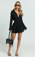 Valerie Mini Dress - Collared Long Sleeve Waist Shirt Dress in Black