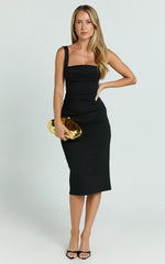 Tiffy Midi Dress - Square Neck Ruched Bodycon Dress in Black