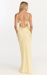 Kyra Maxi Dress - Lace Bust And Tie Back Satin Dress in Lemon