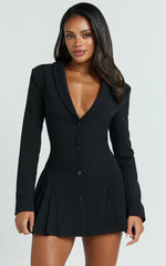 Bea Mini Dress - Collared Long Sleeve Fit And Flare Pleated Dress in Black