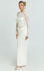 Crisanta Maxi Dress - Long Sleeve Contrast Lace Bodycon Dress in Ivory