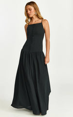 Cortez Maxi Dress - Square Neck Button Down Dropped Waist Dress in Black