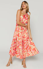Georgine Midi Dress - One Shoulder Ruched Tiered Dress in AUTUMN FLORAL