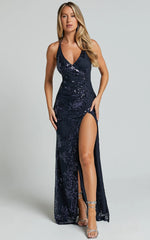 Out Till Dawn Maxi Dress - Thigh Split Dress in Navy Sequin