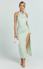 Finn Midi Dress - Folded Cowl Halter With Front Leg Split in Sage