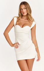 Kenna Mini Dress - Gathered Bust Tucked Waist Dress in Off White