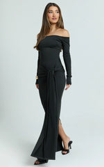 Judith Maxi Dress - Boat Neck Backless Tie Front Long Sleeve Jersey Dress in Black