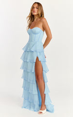 Bella Maxi Dress - Strapless Corset Bodice Lace Up Back Tiered Ruffle Dress in Soft Blue