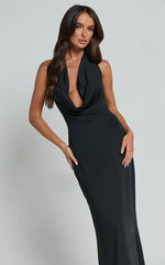 Sylvana Maxi Dress - Cowl Halter Neck Bodycon Dress in Black