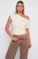 In A Spiral Off Shoulder Knit Top Cream