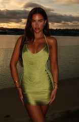 Reckless Glamour Fringe Mini Dress Chartreuse