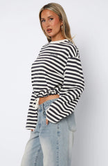 First Time Here Long Sleeve Tee Charcoal/Cream Stripe