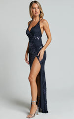 Out Till Dawn Maxi Dress - Thigh Split Dress in Navy Sequin
