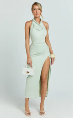 Finn Midi Dress - Folded Cowl Halter With Front Leg Split in Sage