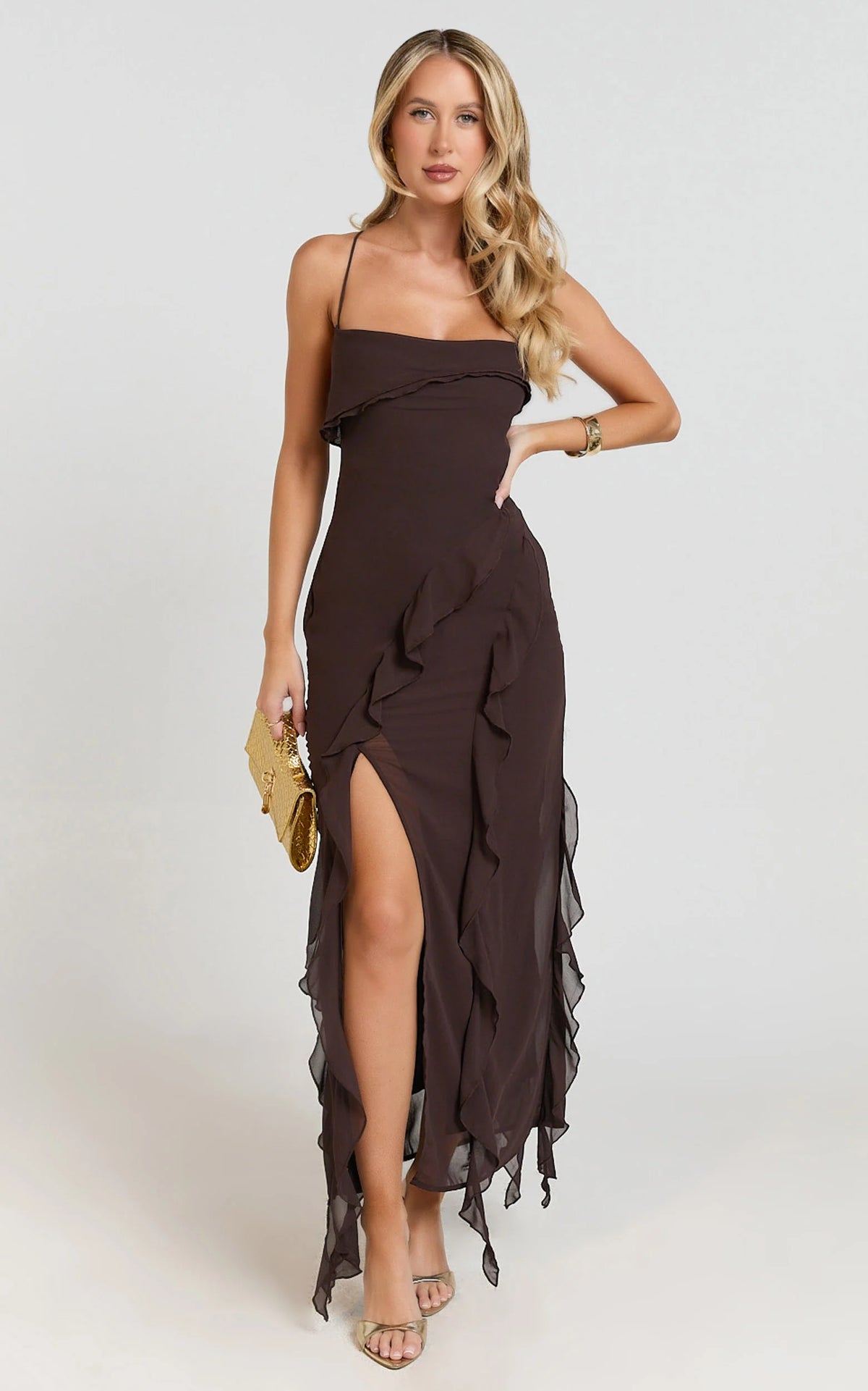 Connie Midi Dress - Ruffle Detail Dress in Chocolate