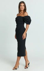 Lohan Midi Dress - Off Shoulder Puff Sleeve in Black