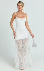 Alana Maxi Dress - Lace Sequin Cowl Neck Dress in White