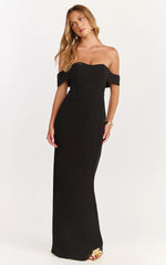 Karina Maxi Dress - Off Shoulder Corset Bodice Lace Up Back Dress in Black
