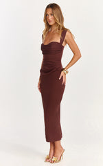 Kenna Maxi Dress - Gathered Bust Tucked Waist Dress in Chocolate
