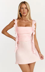 Belrose Mini Dress - Satin Square Neck Ruffle Front Bodycon Dress in Baby Pink