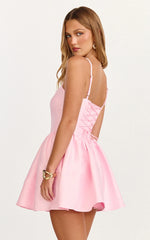 Louisa Mini Dress - Boned Bodice Lace Up Back Dress in Soft Pink