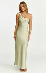 Calix Midi Dress - One Shoulder Slip Dress in Light Olive