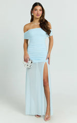 Leticia Maxi Dress - Mesh Off Shoulder Ruched High Split Dress in Blue