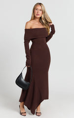 Karina Midi Dress - Long Sleeve Folded Off Shoulder Asymmetric Dress in Chocolate