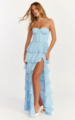 Bella Maxi Dress - Strapless Corset Bodice Lace Up Back Tiered Ruffle Dress in Soft Blue