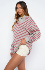 Out Again Long Sleeve Rugby Shirt Dark Grey Marle/Burgundy Stripe