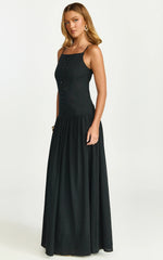 Cortez Maxi Dress - Square Neck Button Down Dropped Waist Dress in Black