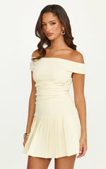 Daisy Mini Dress - Off Shoulder Ruched Pleated Skirt Dress in Cream