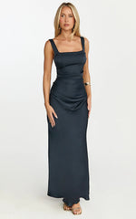 Rumi Midi Dress - Rushed Bodiest Satin Dress in Navy