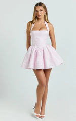 Maddy Mini Dress - Square Neck Halter Fit And Flare Dress in Pink