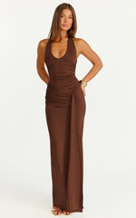 Dixie Maxi Dress - Plunge Halter Low Back Dress in Chocolate