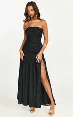 Marguerite Maxi Dress - Strapless Ruched Mesh High Leg Split Dress in Black