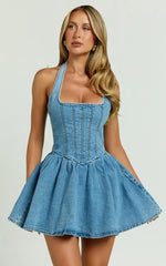 Hayes Mini Dress - Halter Neck Corset Bodice Dress in Mid Blue Wash