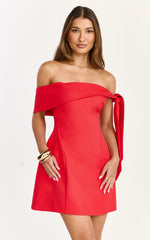 Cecilia Mini Dress - Off Shoulder Tie Detail Dress in Red