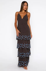 Princess Maxi Dress Chocolate/Blue Polka Dot