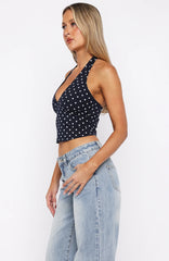 Have To Getaway Halter Top Navy Polka Dot