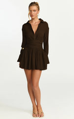 Valerie Mini Dress - Collared Long Sleeve Waist Shirt Dress in Chocolate